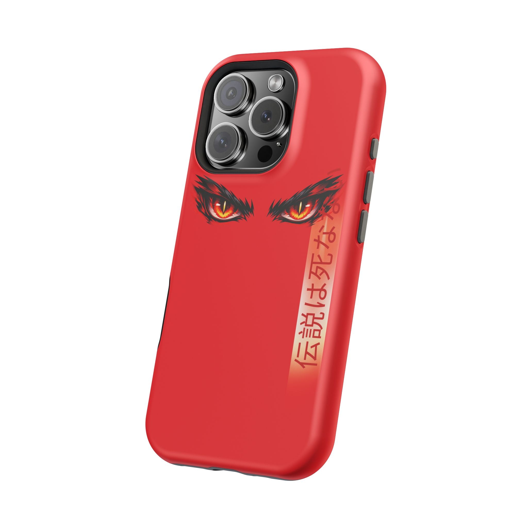 Red Demon Eyes Magnetic Phone Case — Japanese Script "伝説はまだ死なず"