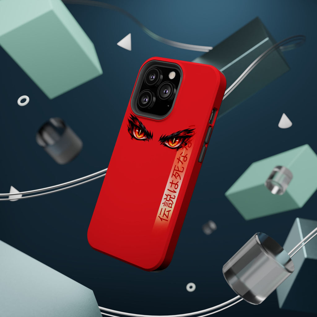 Red Demon Eyes Magnetic Phone Case — Japanese Script "伝説はまだ死なず"