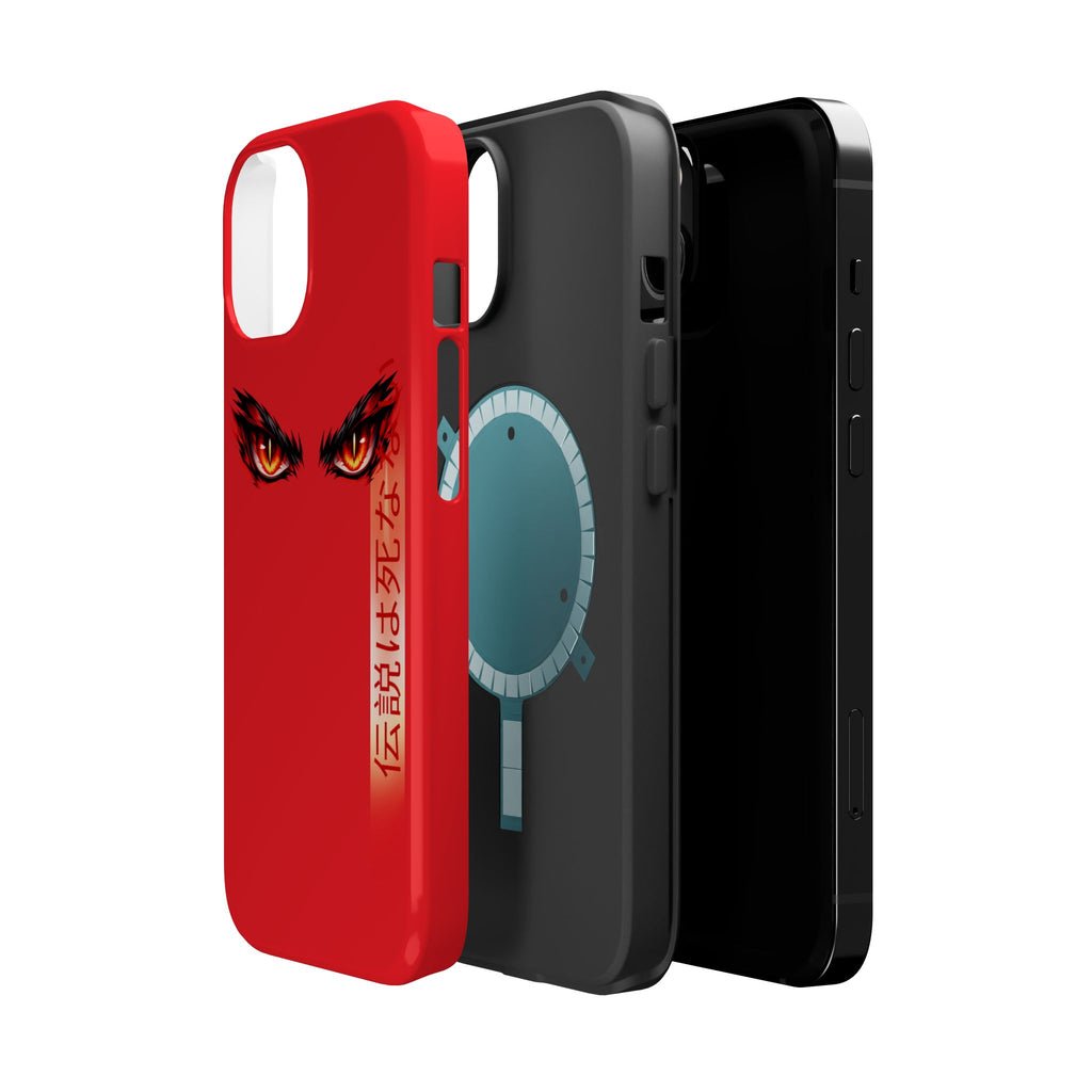 Red Demon Eyes Magnetic Phone Case — Japanese Script "伝説はまだ死なず"