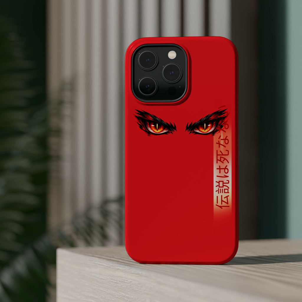 Red Demon Eyes Magnetic Phone Case — Japanese Script "伝説はまだ死なず"