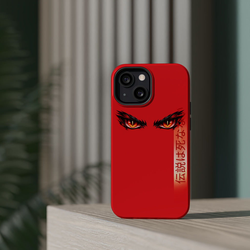 Red Demon Eyes Magnetic Phone Case — Japanese Script "伝説はまだ死なず"