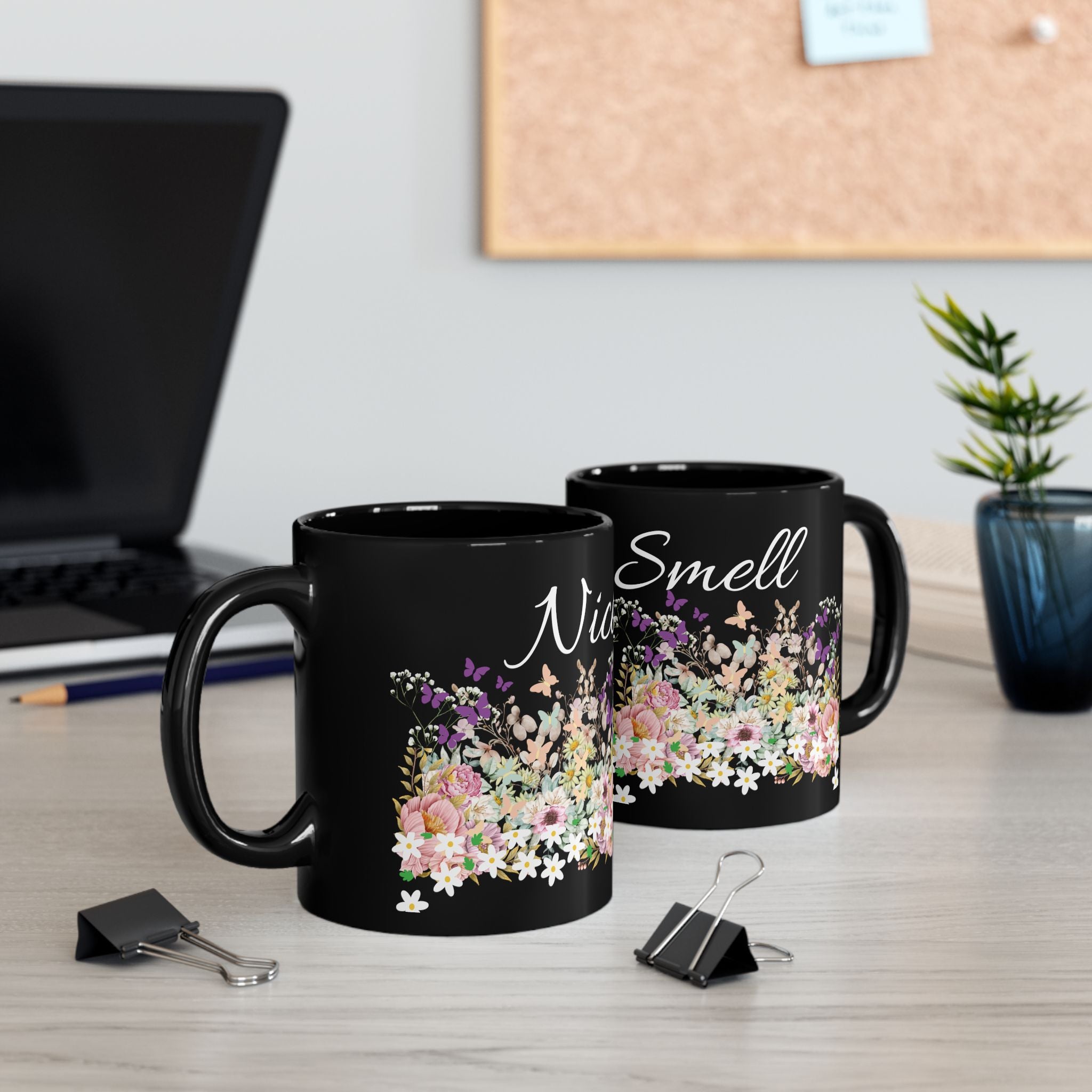 Nice Smell Floral Black Mug – Floral Coffee Tea Cup (11oz & 15oz)