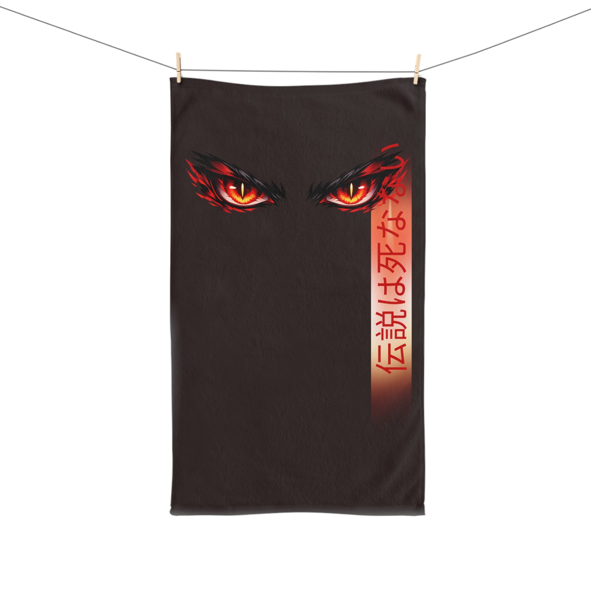 Hand Towel — Fiery Demon Eyes with Japanese Script (伝説は死なない)