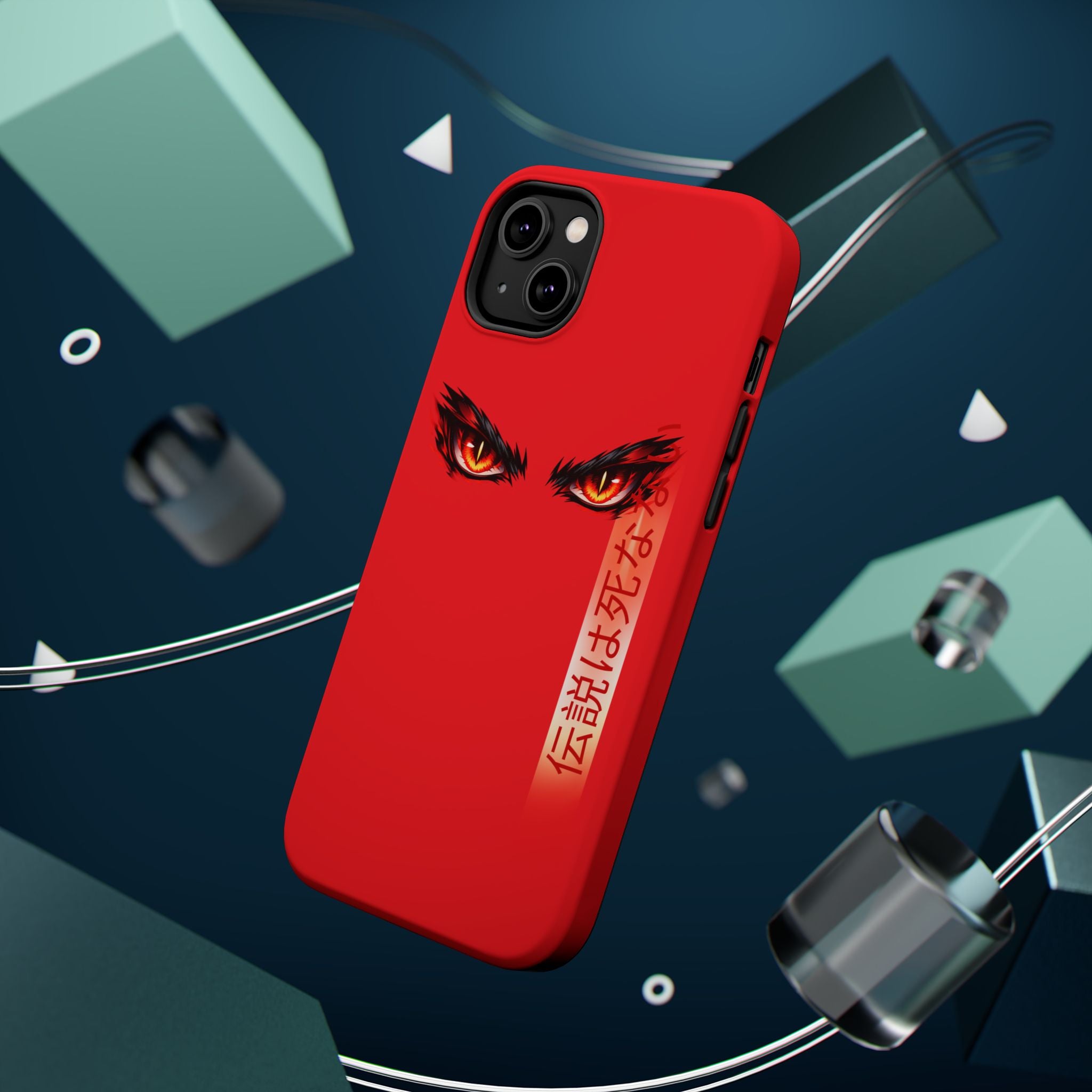 Red Demon Eyes Magnetic Phone Case — Japanese Script "伝説はまだ死なず"