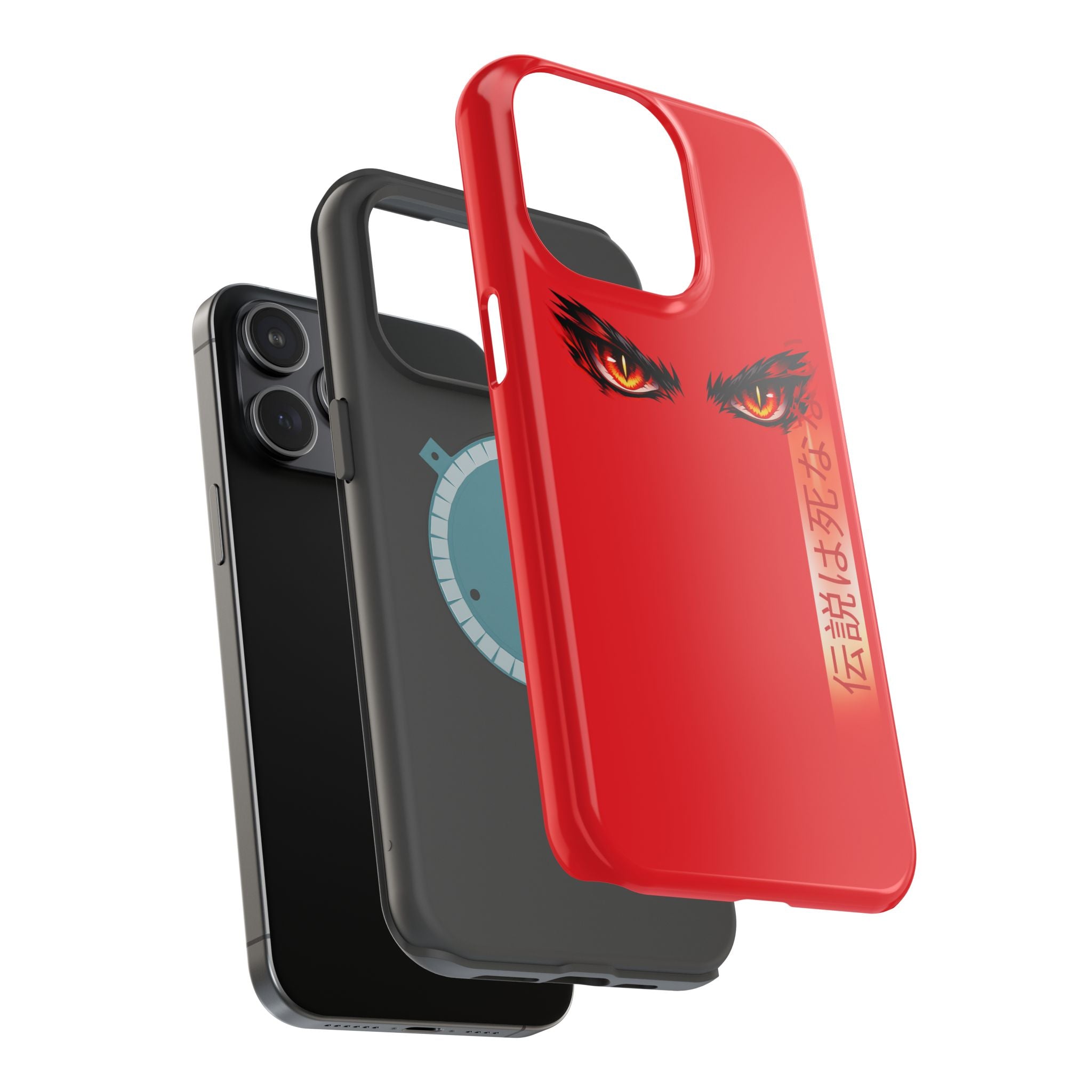 Red Demon Eyes Magnetic Phone Case — Japanese Script "伝説はまだ死なず"
