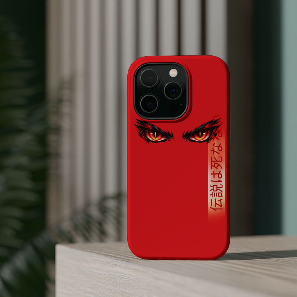 Red Demon Eyes Magnetic Phone Case — Japanese Script "伝説はまだ死なず"