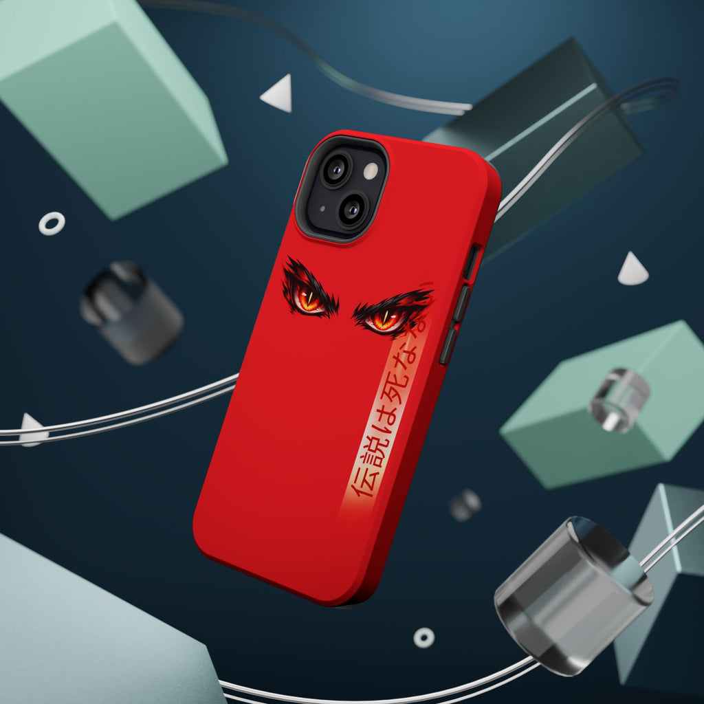 Red Demon Eyes Magnetic Phone Case — Japanese Script "伝説はまだ死なず"