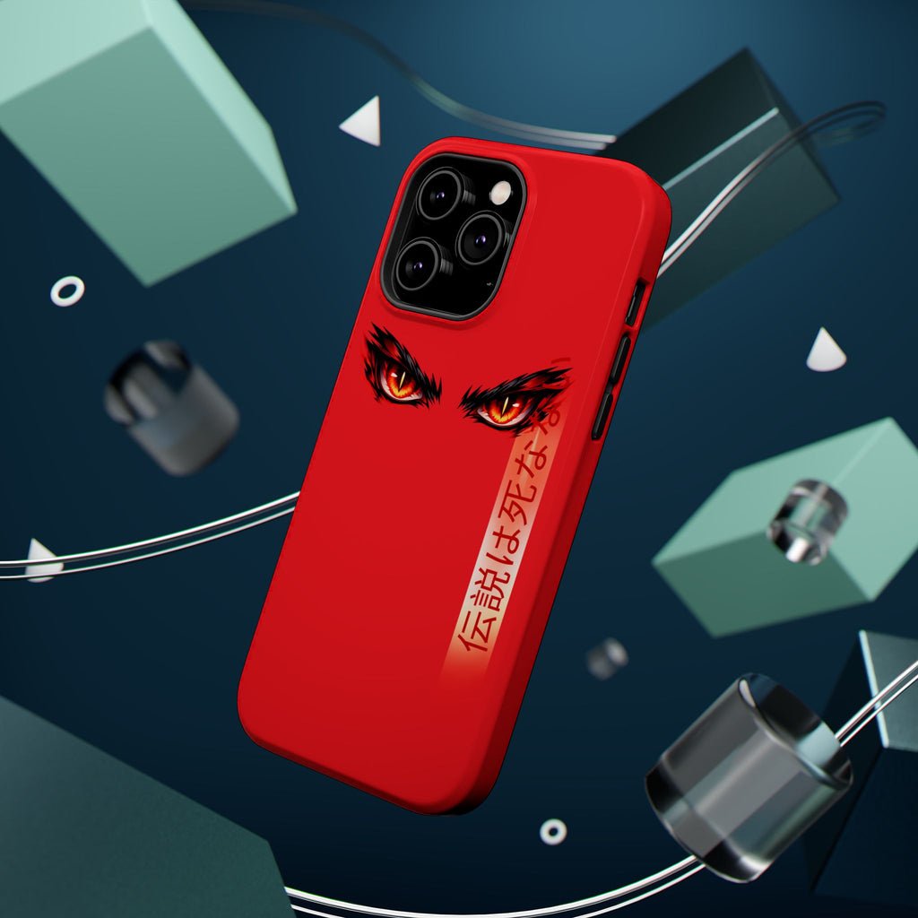 Red Demon Eyes Magnetic Phone Case — Japanese Script "伝説はまだ死なず"