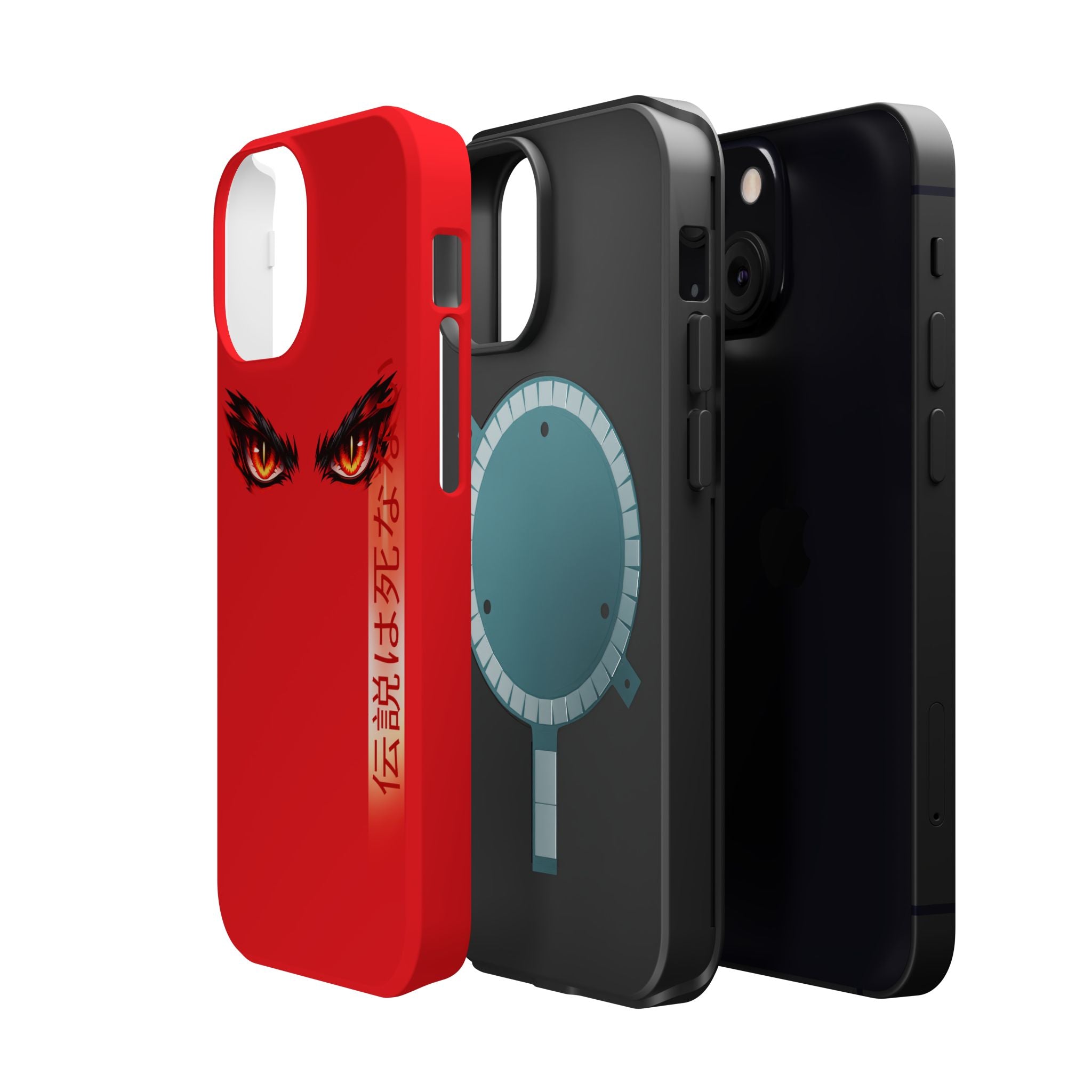 Red Demon Eyes Magnetic Phone Case — Japanese Script "伝説はまだ死なず"