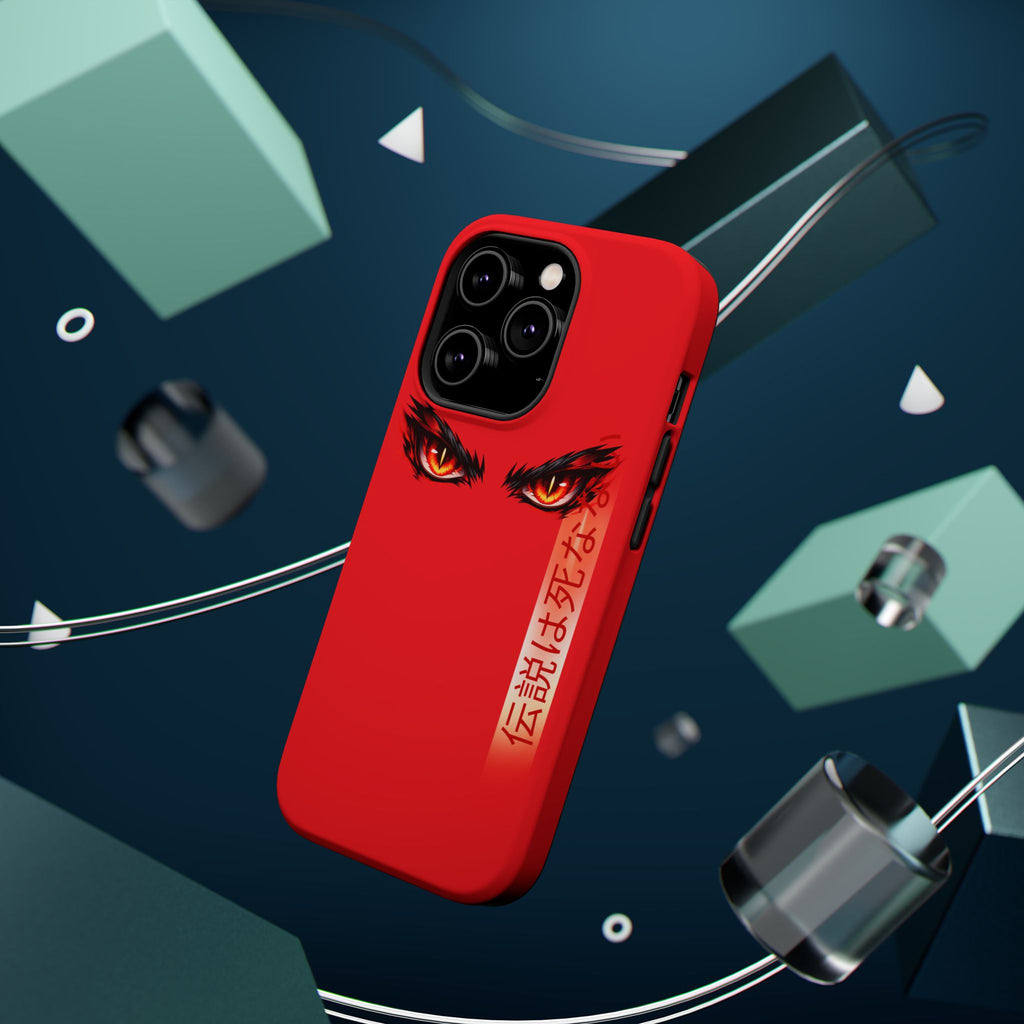 Red Demon Eyes Magnetic Phone Case — Japanese Script "伝説はまだ死なず"