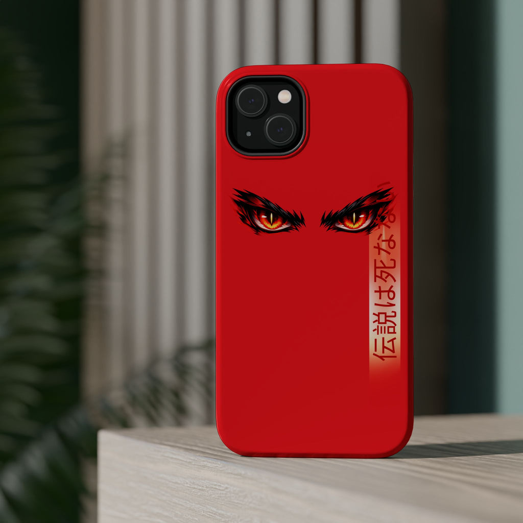 Red Demon Eyes Magnetic Phone Case — Japanese Script "伝説はまだ死なず"