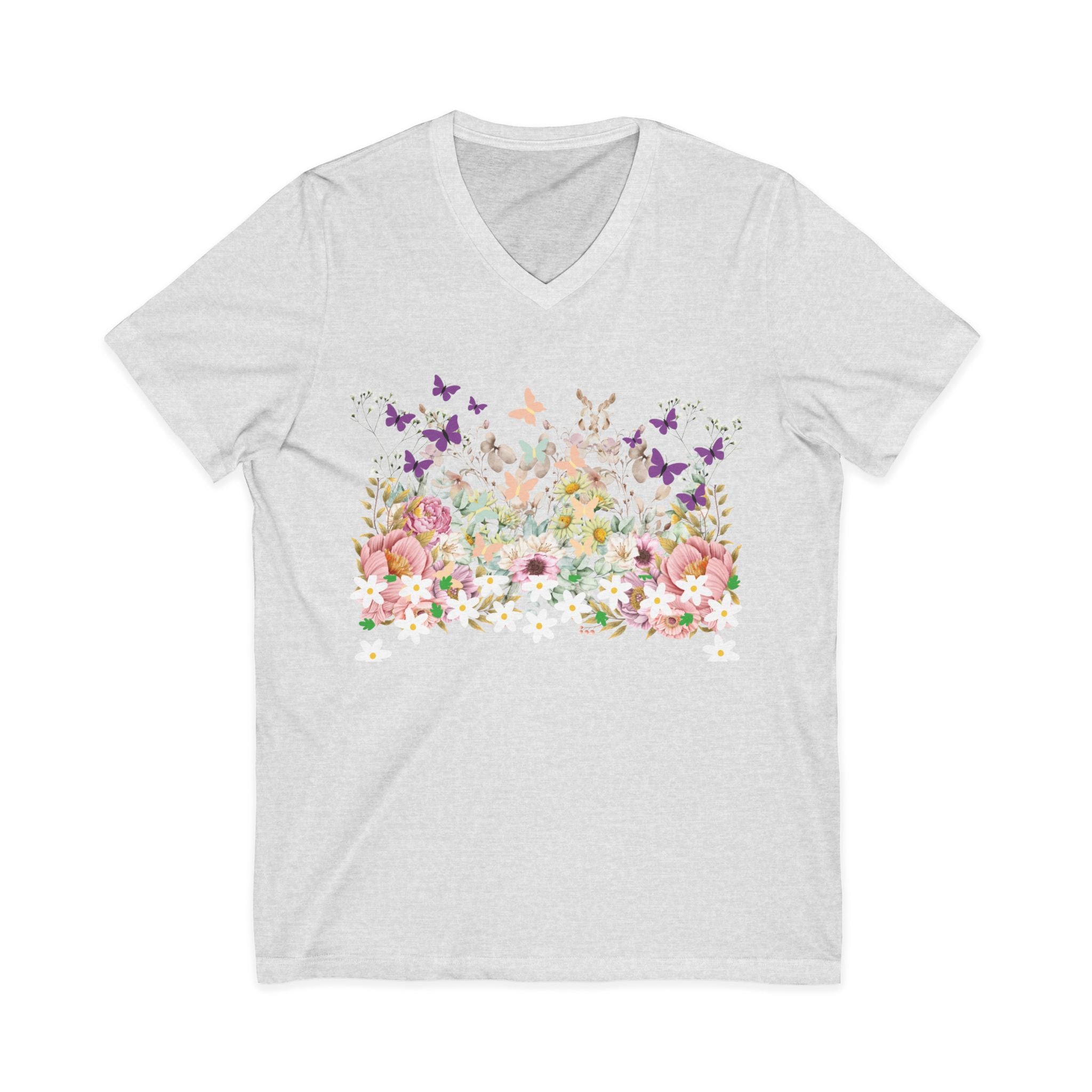 Floral Butterflies V-Neck Tee — Spring Garden Floral T-Shirt