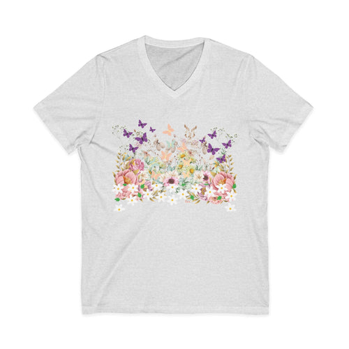 Floral Butterflies V-Neck Tee — Spring Garden Floral T-Shirt