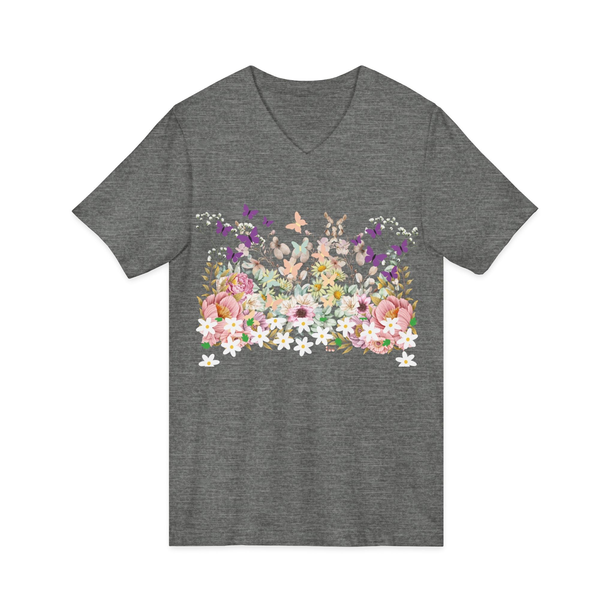 Floral Butterflies V-Neck Tee — Spring Garden Floral T-Shirt