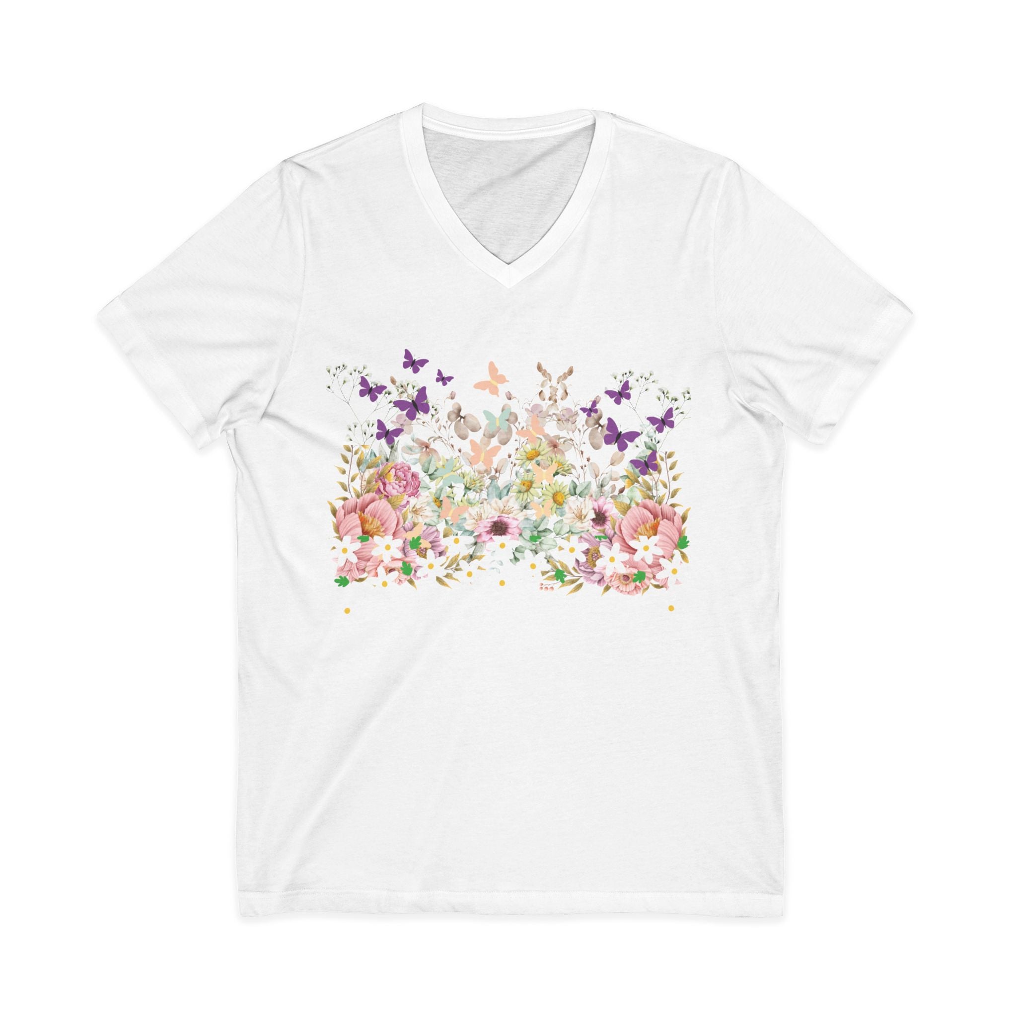Floral Butterflies V-Neck Tee — Spring Garden Floral T-Shirt