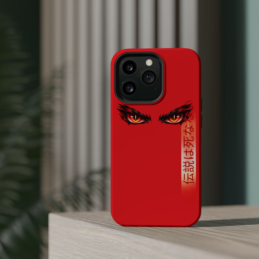 Red Demon Eyes Magnetic Phone Case — Japanese Script "伝説はまだ死なず"