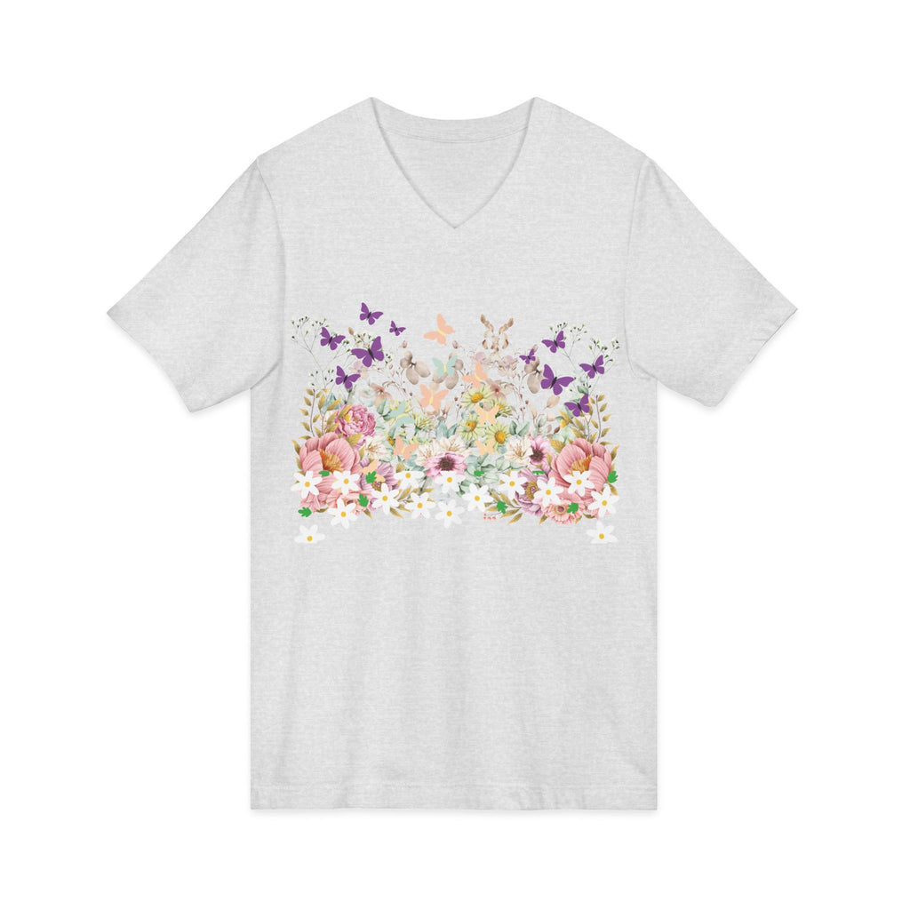 Floral Butterflies V-Neck Tee — Spring Garden Floral T-Shirt