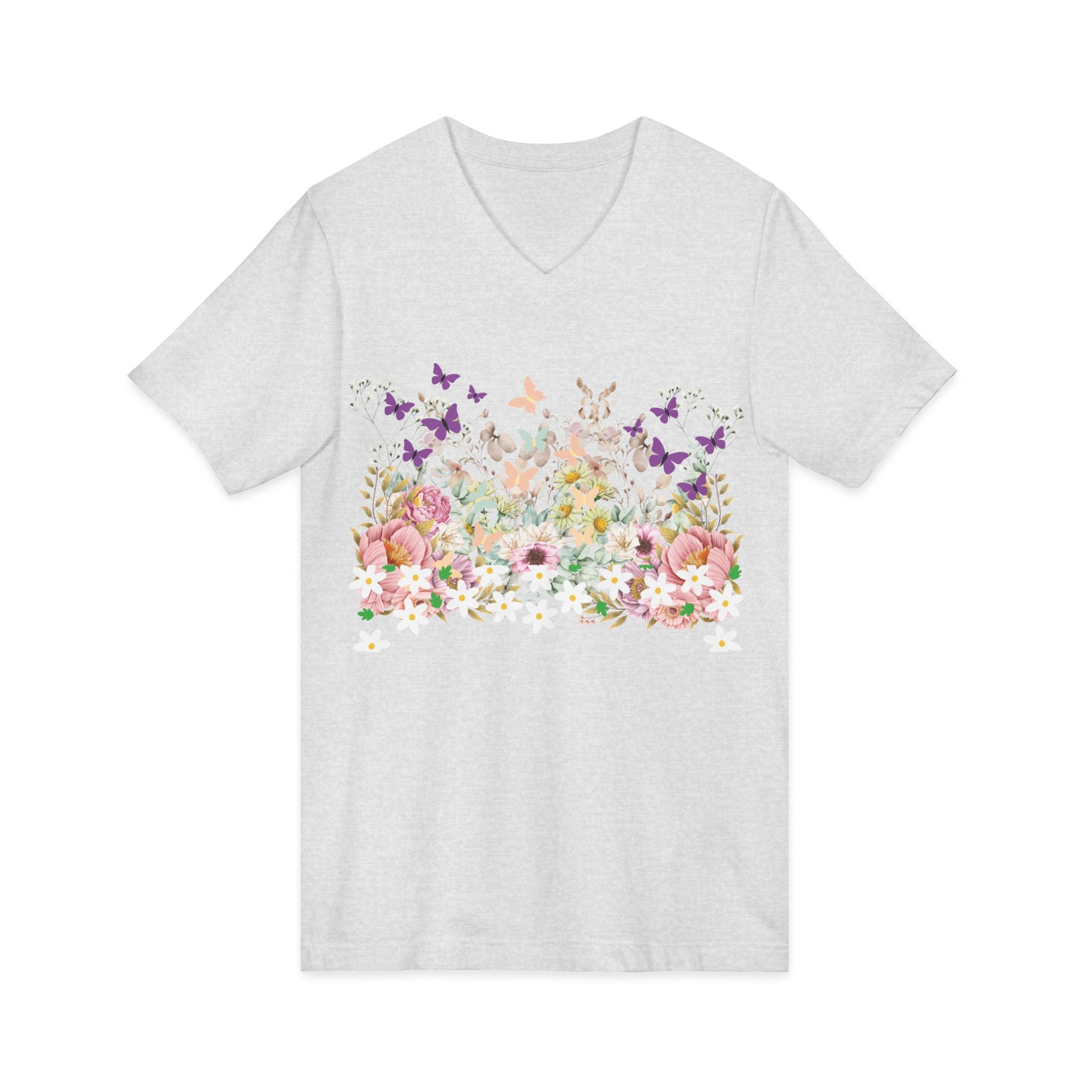 Floral Butterflies V-Neck Tee — Spring Garden Floral T-Shirt