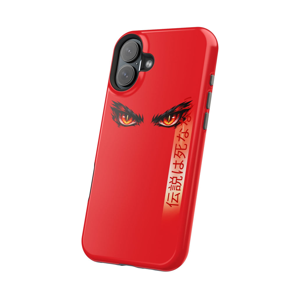 Red Demon Eyes Magnetic Phone Case — Japanese Script "伝説はまだ死なず"