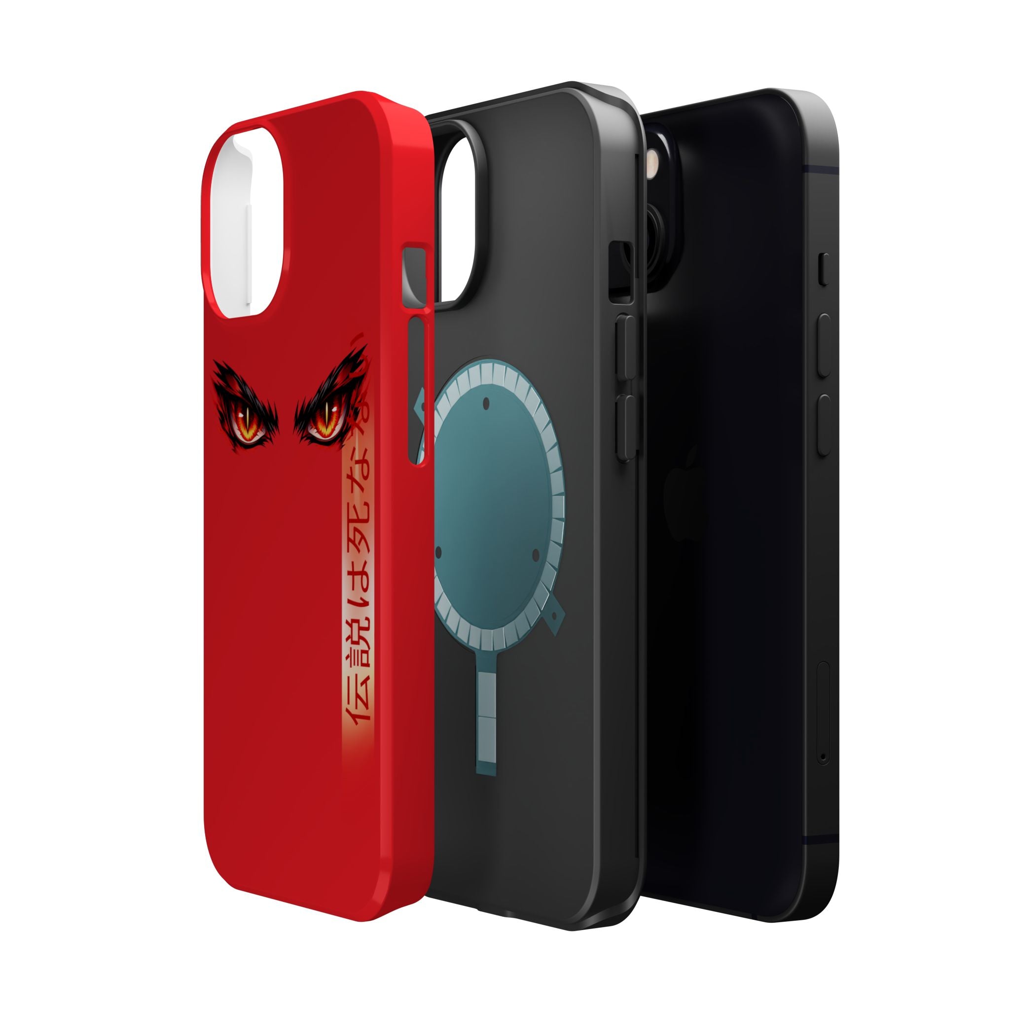 Red Demon Eyes Magnetic Phone Case — Japanese Script "伝説はまだ死なず"