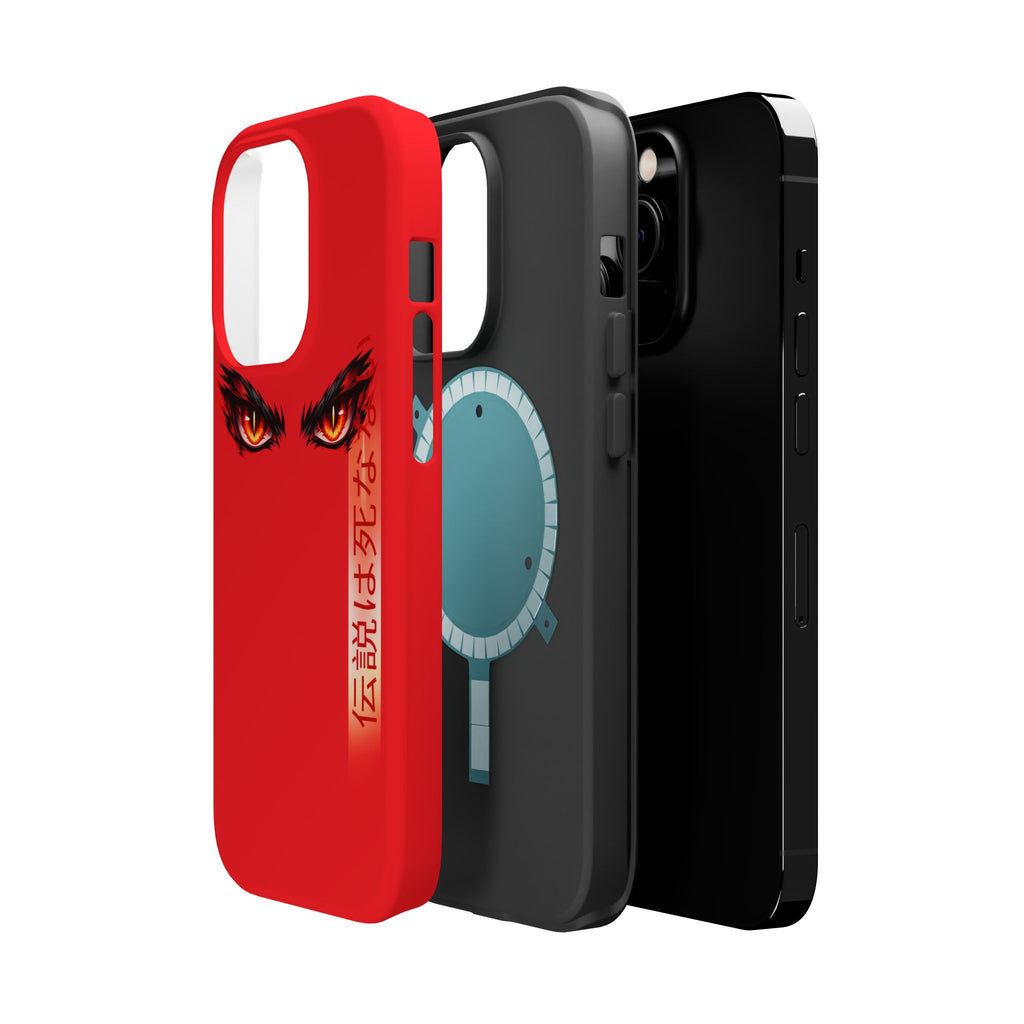 Red Demon Eyes Magnetic Phone Case — Japanese Script "伝説はまだ死なず"