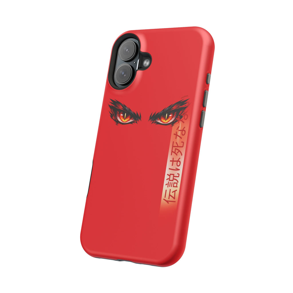 Red Demon Eyes Magnetic Phone Case — Japanese Script "伝説はまだ死なず"