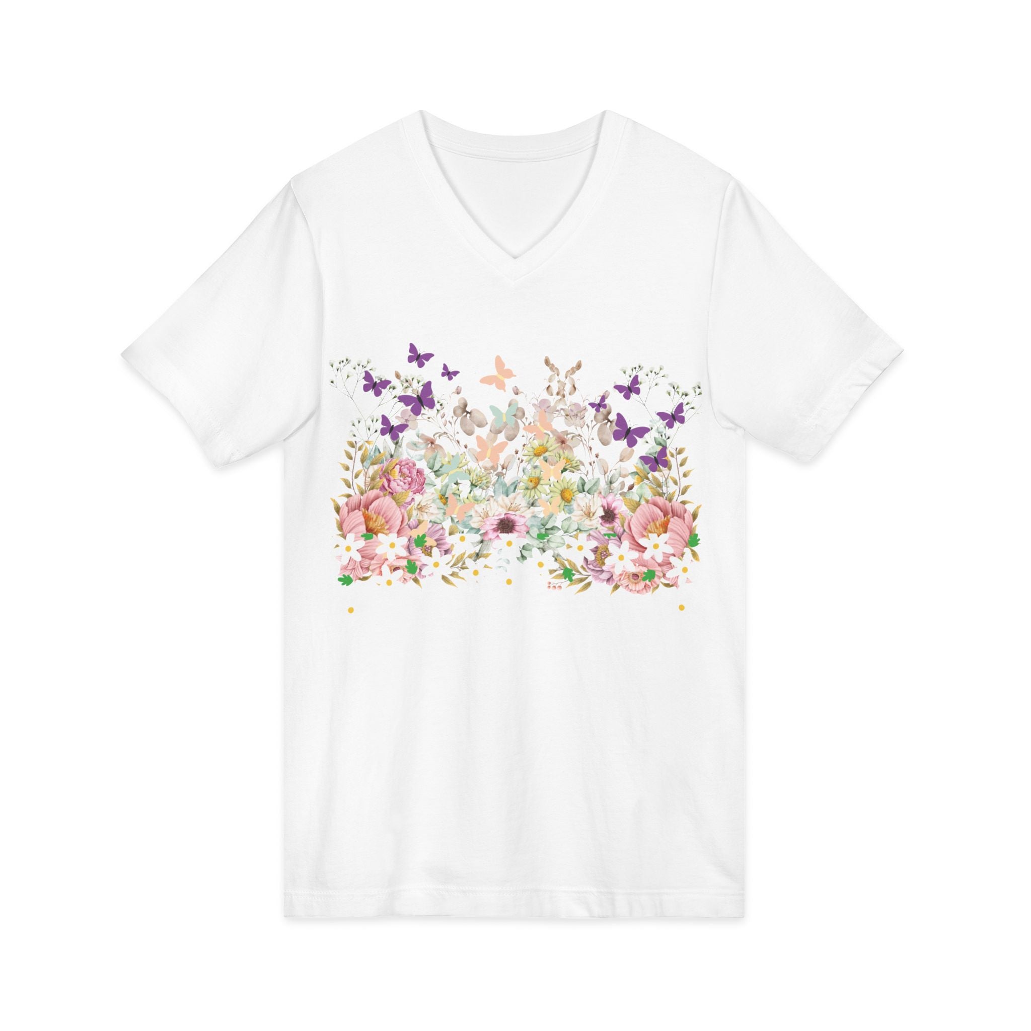 Floral Butterflies V-Neck Tee — Spring Garden Floral T-Shirt