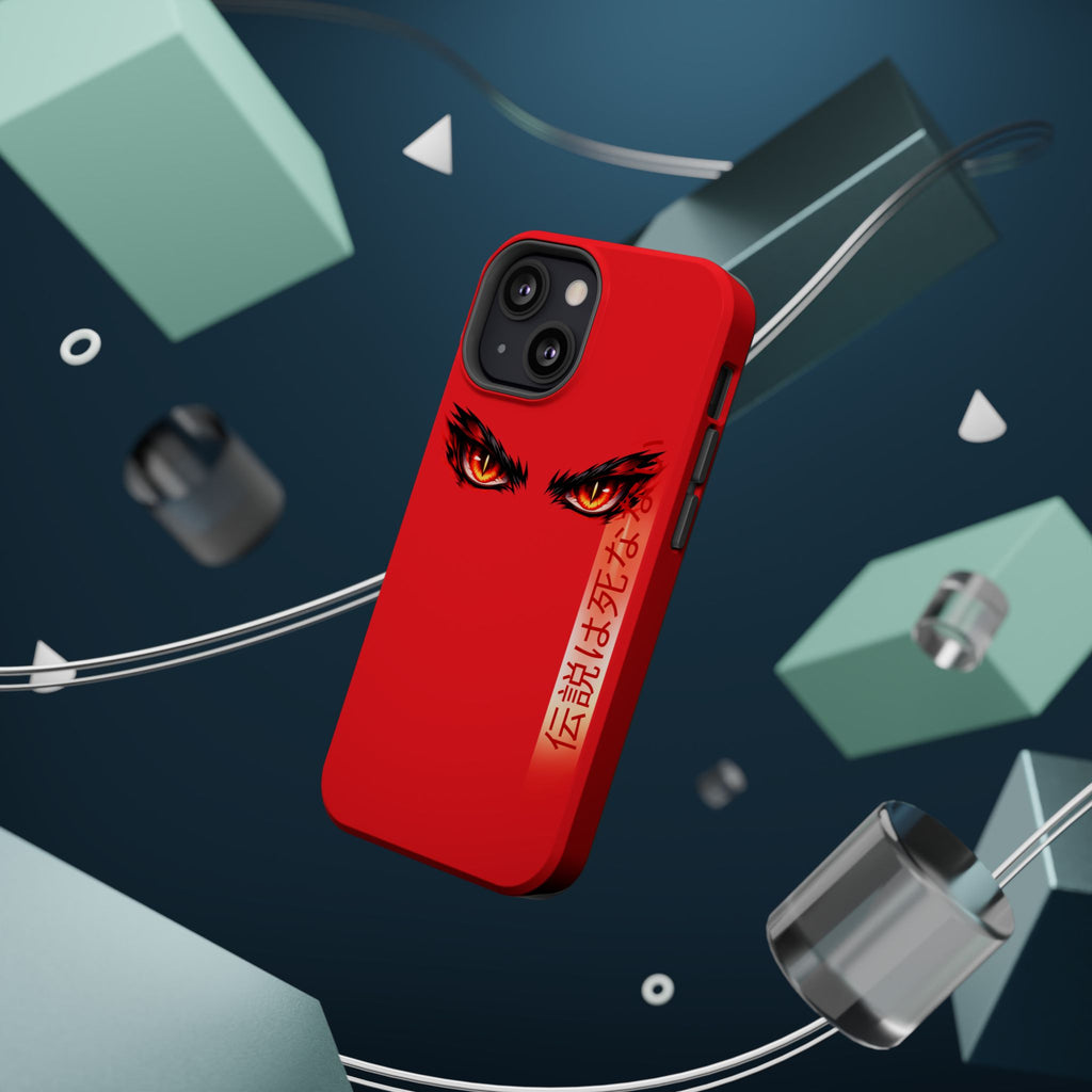 Red Demon Eyes Magnetic Phone Case — Japanese Script "伝説はまだ死なず"