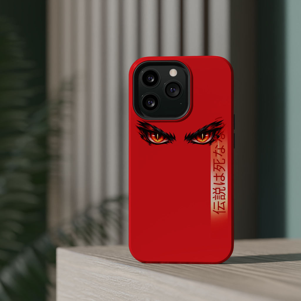 Red Demon Eyes Magnetic Phone Case — Japanese Script "伝説はまだ死なず"