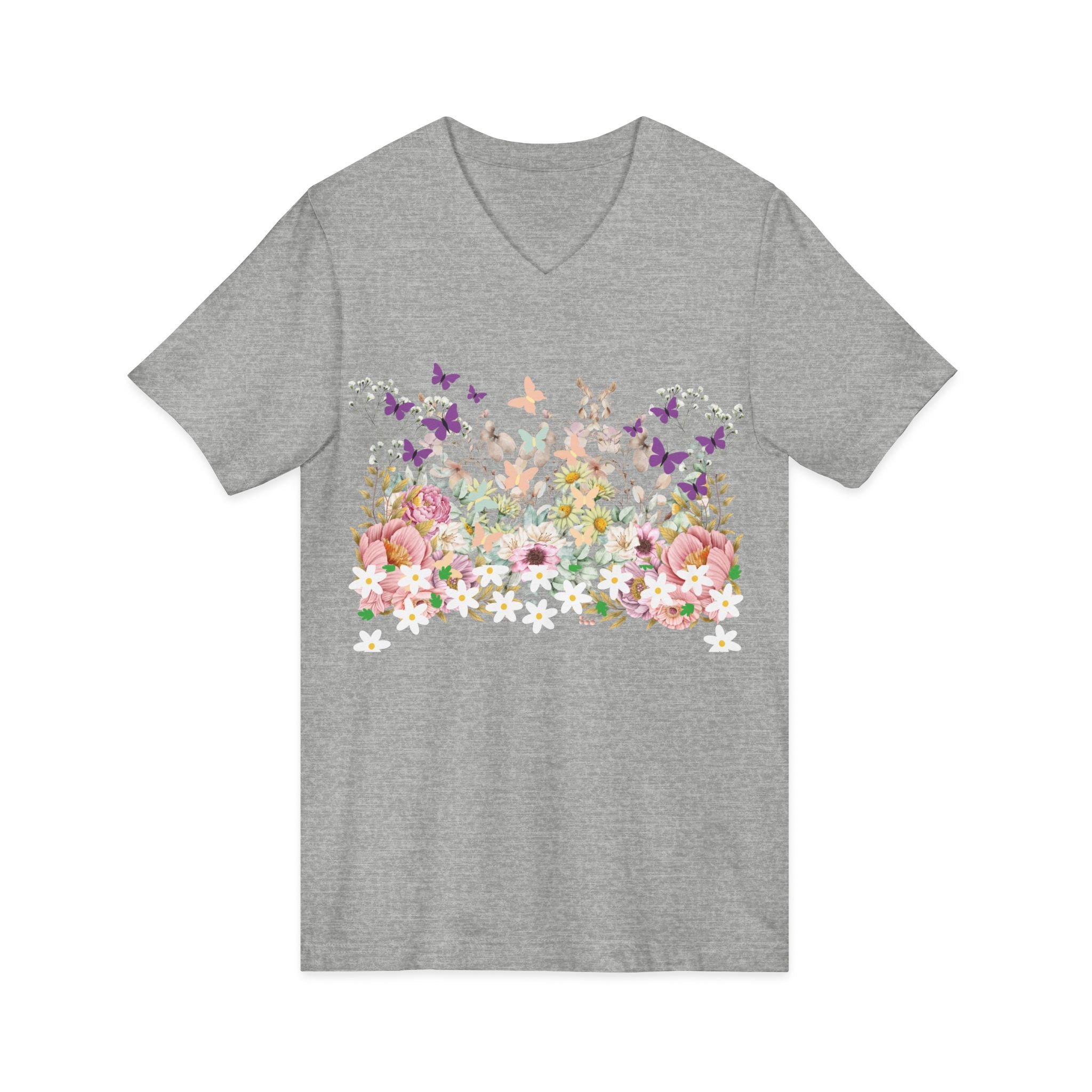 Floral Butterflies V-Neck Tee — Spring Garden Floral T-Shirt