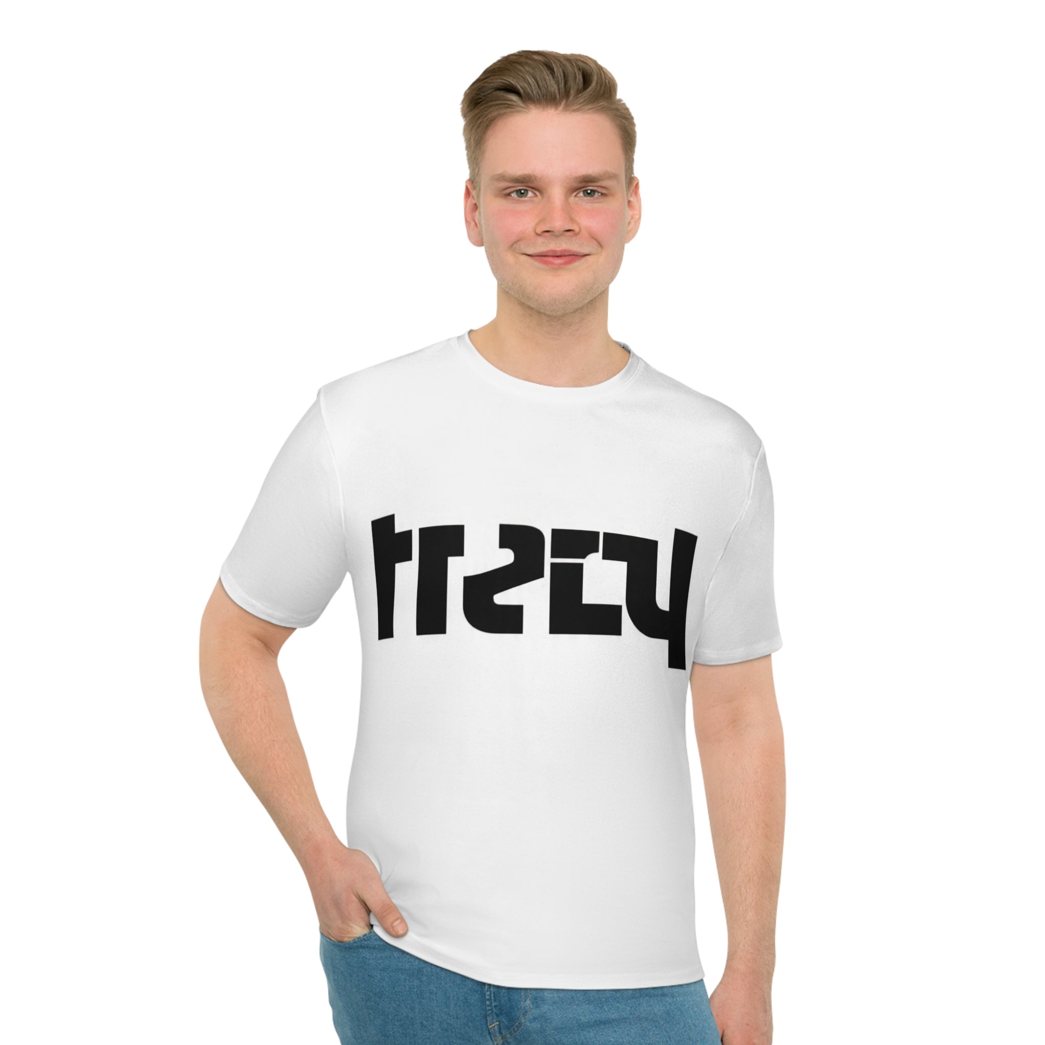Men's Loose T-Shirt with Bold Black Ambigram Graphic — Modern Streetwear Tee