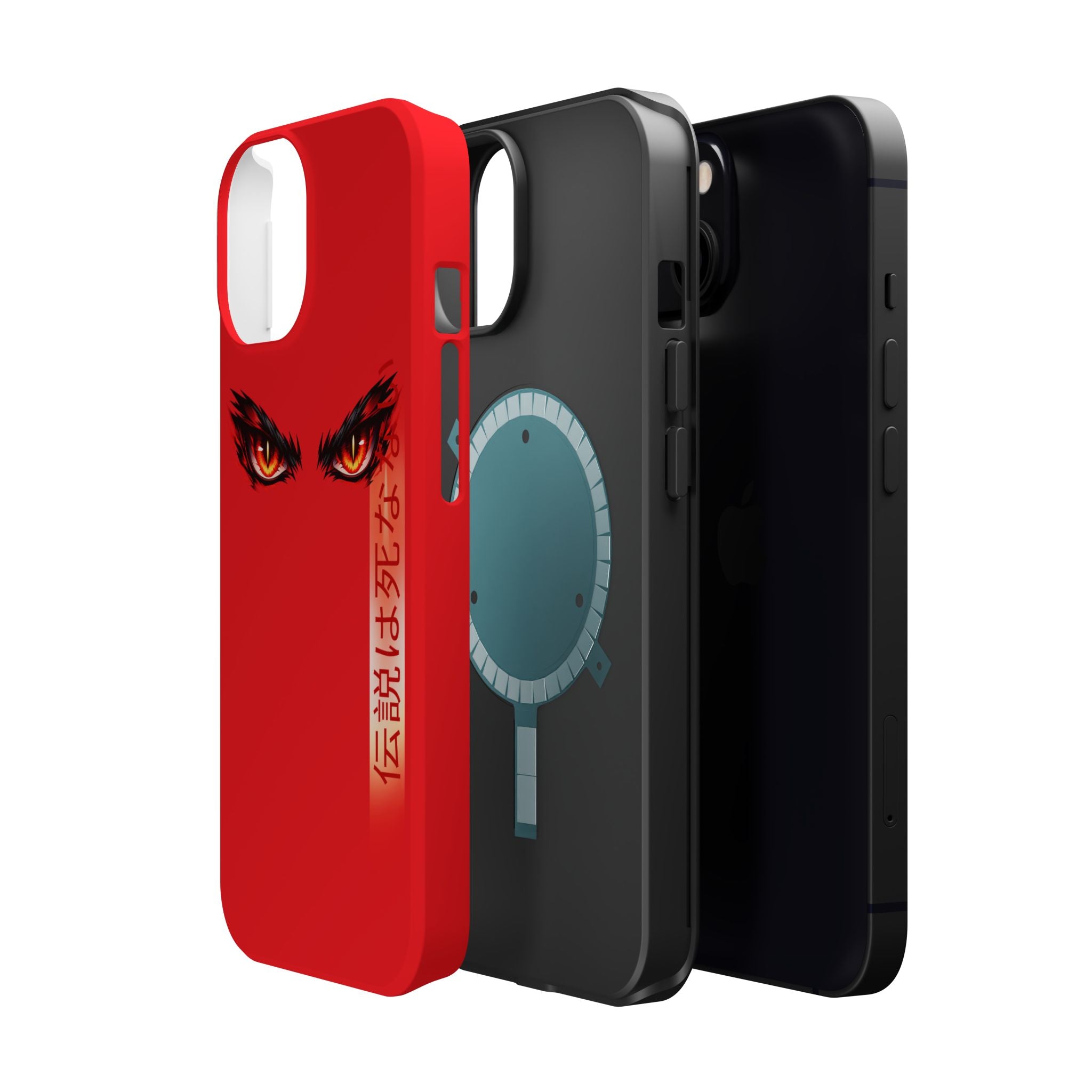 Red Demon Eyes Magnetic Phone Case — Japanese Script "伝説はまだ死なず"