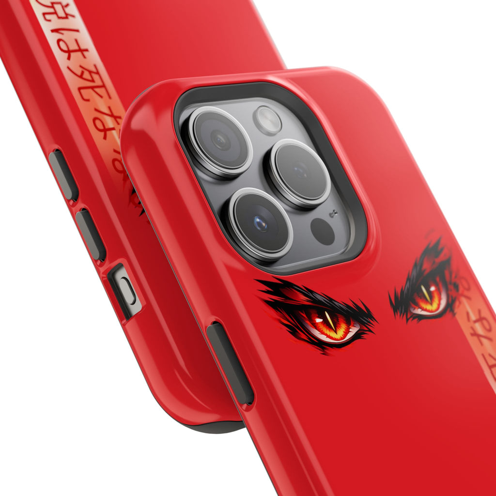 Red Demon Eyes Magnetic Phone Case — Japanese Script "伝説はまだ死なず"