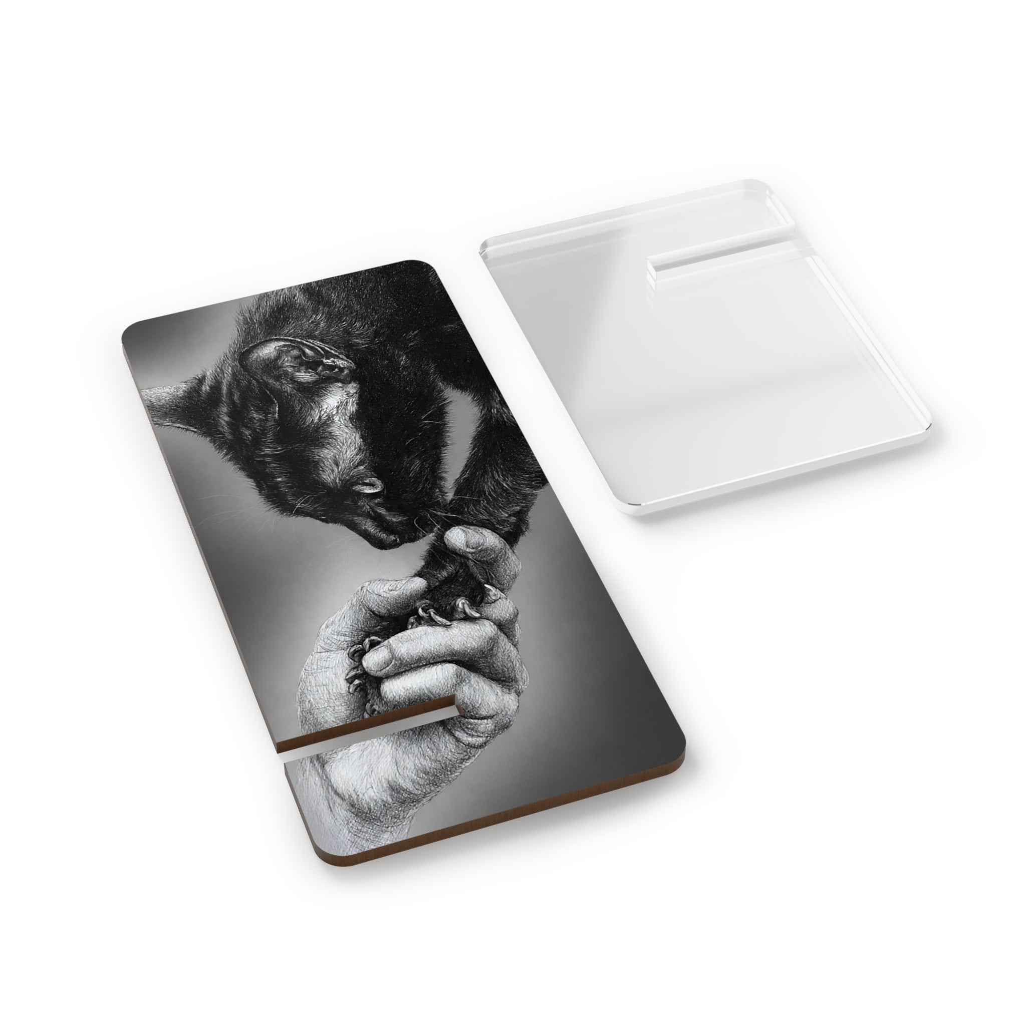 Black Cat & Human Touch Phone Stand — Foldable Mobile Display Stand for Smartphones