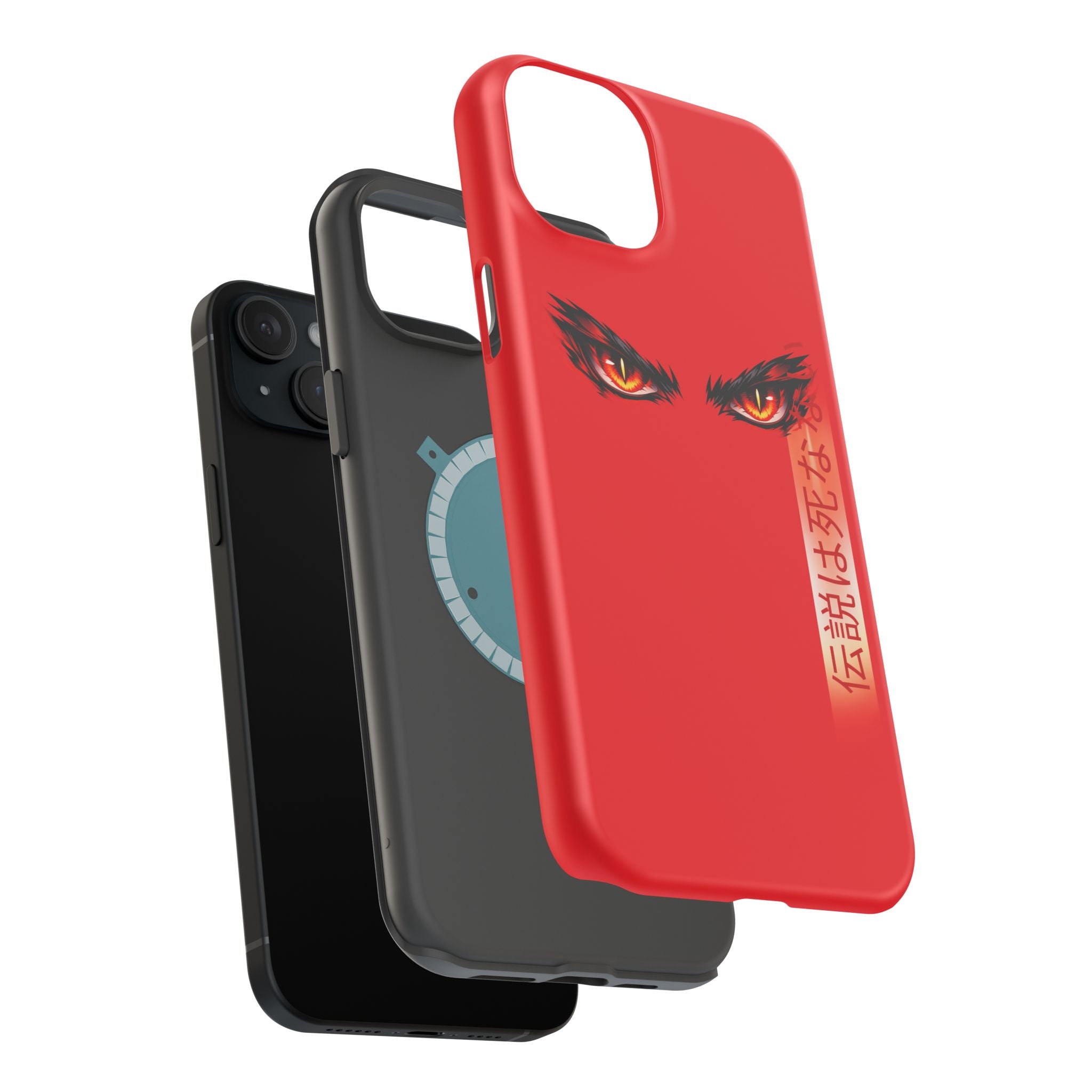 Red Demon Eyes Magnetic Phone Case — Japanese Script "伝説はまだ死なず"