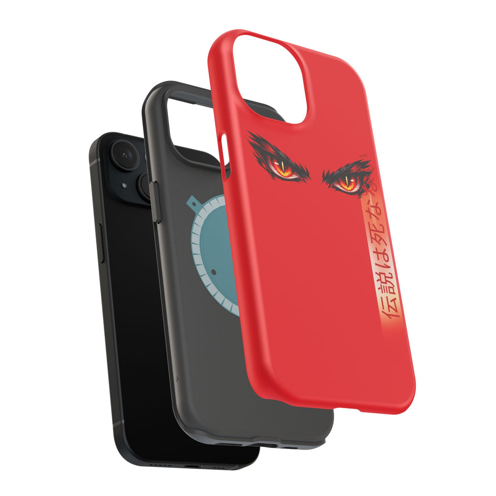 Red Demon Eyes Magnetic Phone Case — Japanese Script "伝説はまだ死なず"