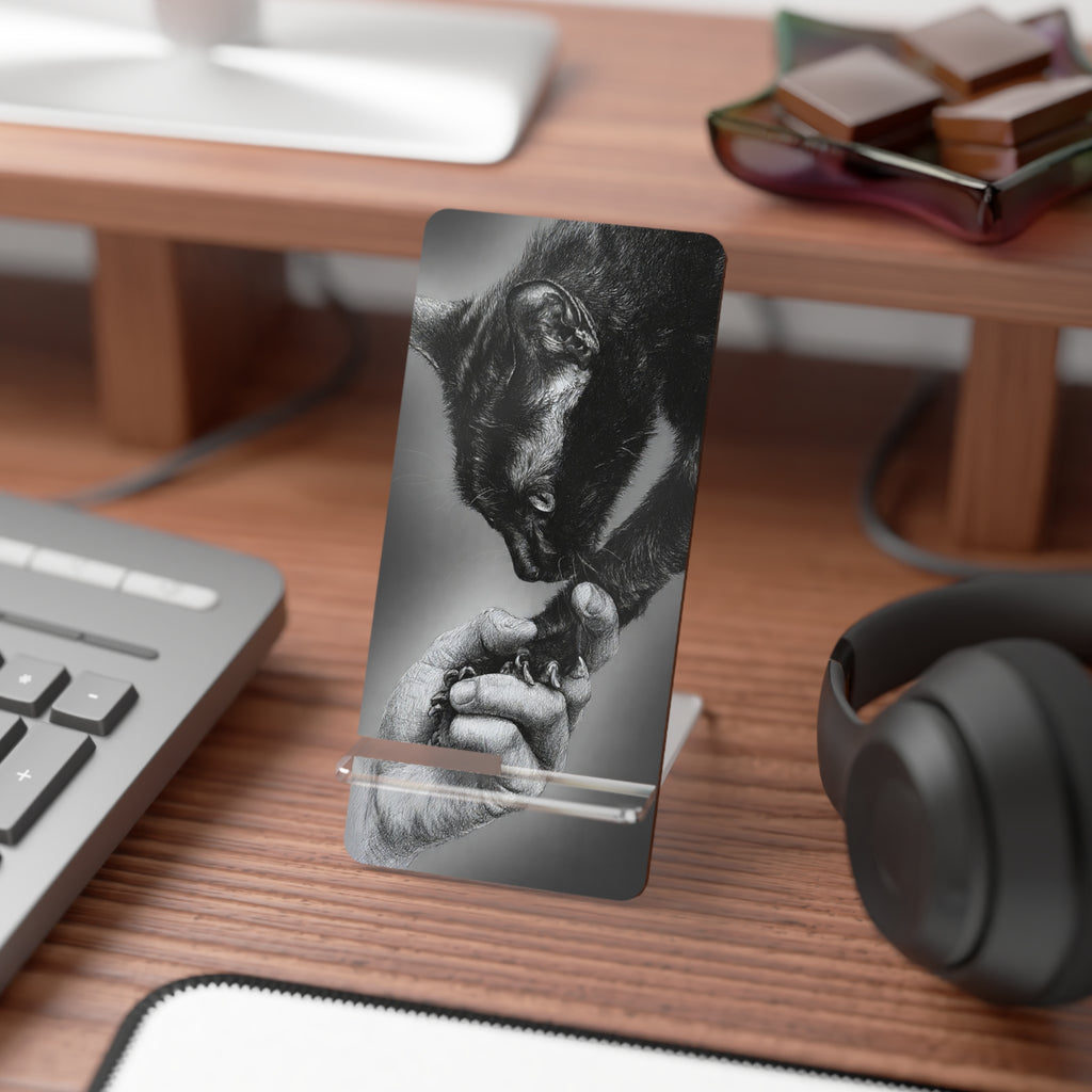 Black Cat & Human Touch Phone Stand — Foldable Mobile Display Stand for Smartphones