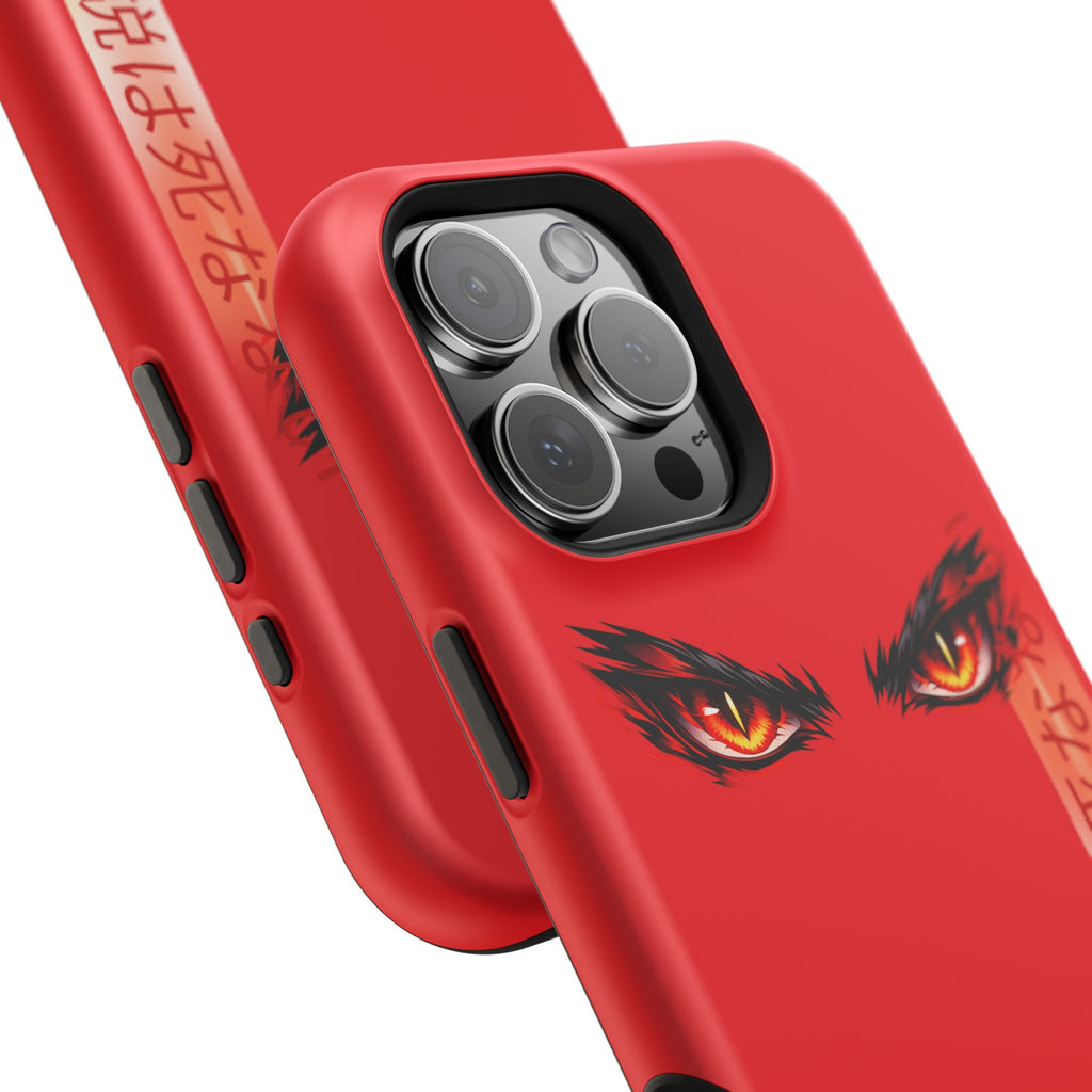 Red Demon Eyes Magnetic Phone Case — Japanese Script "伝説はまだ死なず"