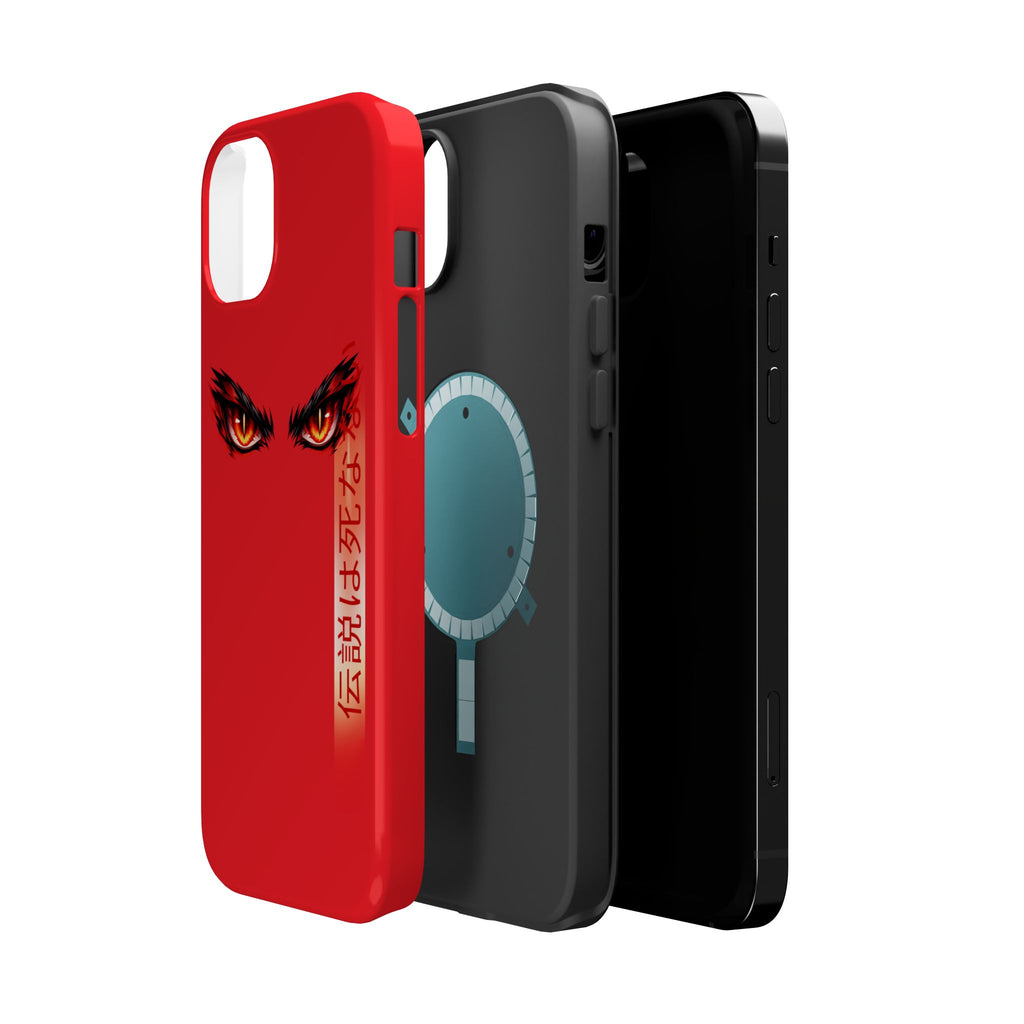 Red Demon Eyes Magnetic Phone Case — Japanese Script "伝説はまだ死なず"
