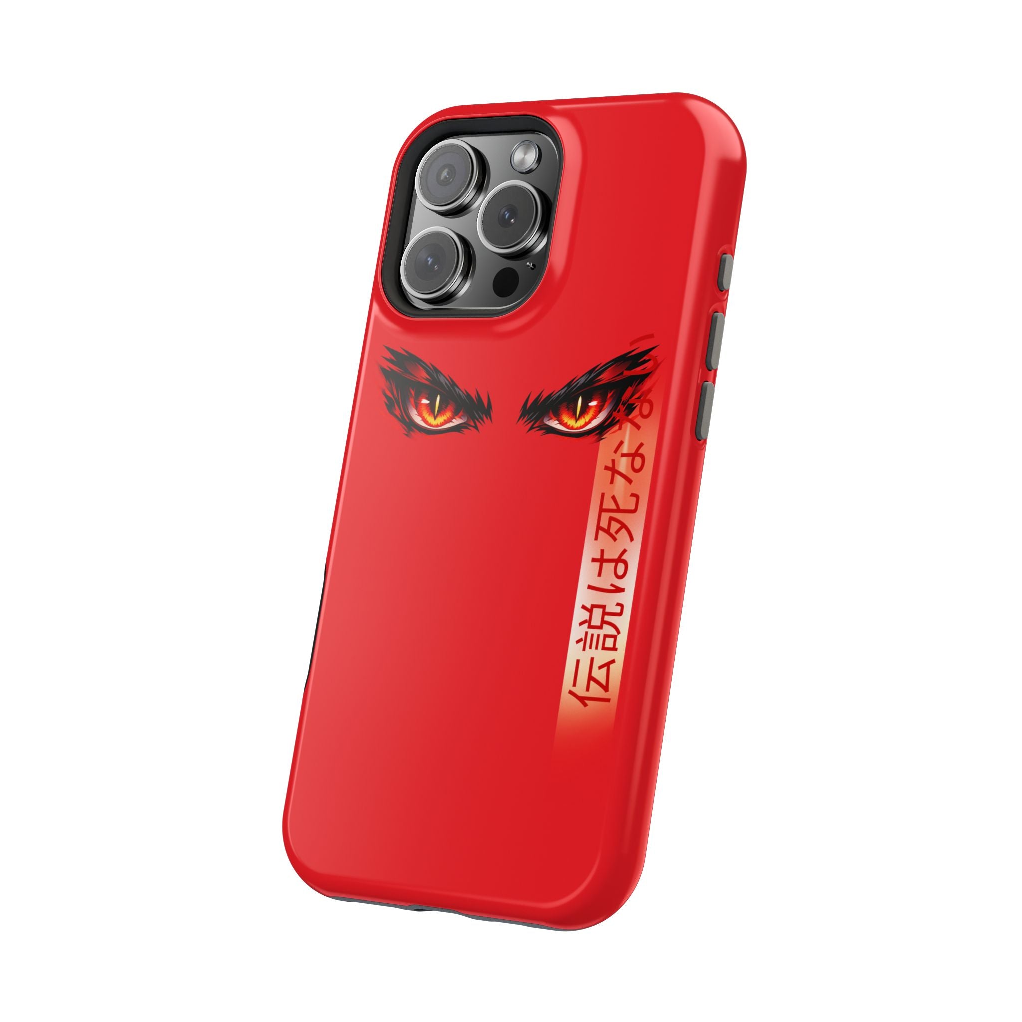 Red Demon Eyes Magnetic Phone Case — Japanese Script "伝説はまだ死なず"