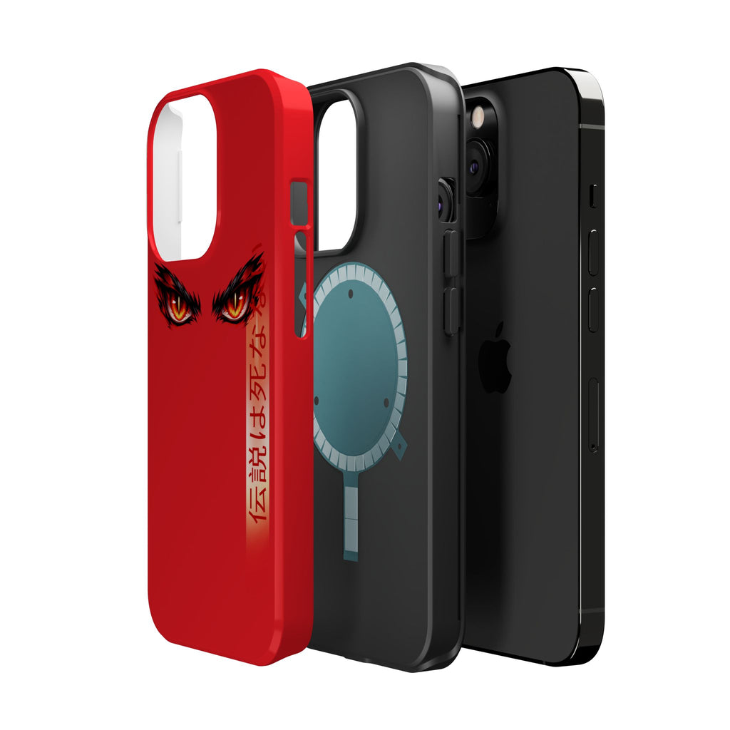 Red Demon Eyes Magnetic Phone Case — Japanese Script "伝説はまだ死なず"