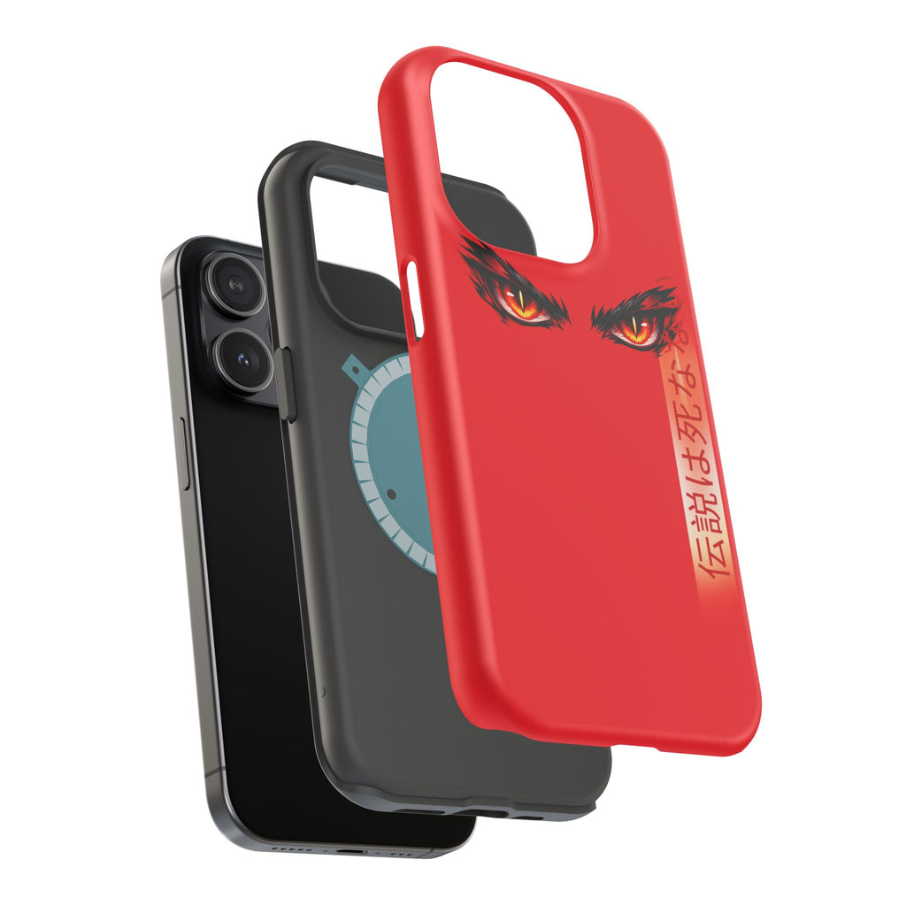 Red Demon Eyes Magnetic Phone Case — Japanese Script "伝説はまだ死なず"