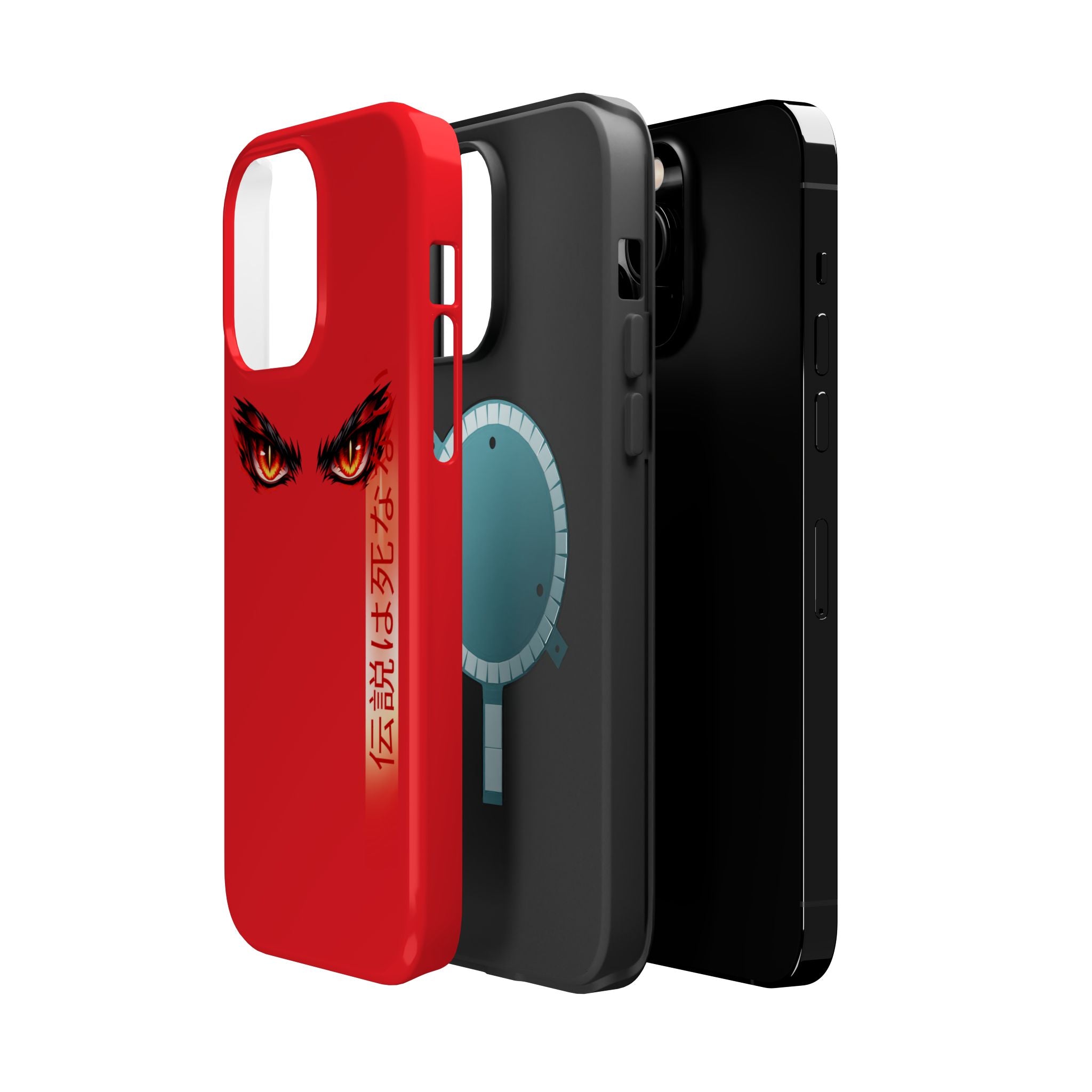 Red Demon Eyes Magnetic Phone Case — Japanese Script "伝説はまだ死なず"